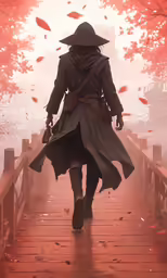 a man in hat and coat walking across a wooden bridge