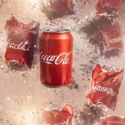 coca - cola cans sitting on a surface surrounded by a group of pieces of cloth