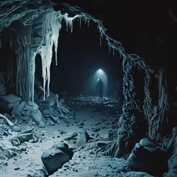 a person walking into a cave in the middle of winter