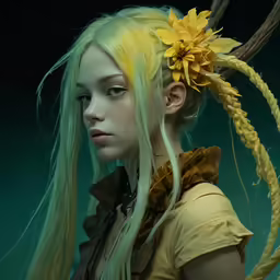 a blonde girl with yellow flowers in her hair