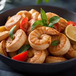 cooked shrimp with fresh basil and sliced lemon