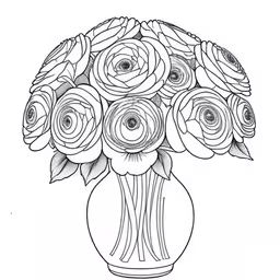 a drawing of flowers in a vase on the table,this drawing shows the inside of a vase full of flowers,a vase with many flowers inside it,a bouquet of flowers in a vase with leaves on the top,drawing roses in vase by hand with pen on white paper