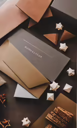 two cards in a box surrounded by some cookies