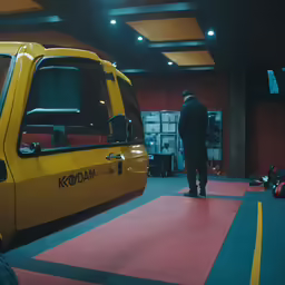 man is exiting the door of a yellow van