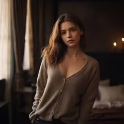 a woman with a sweater on posing for a photo