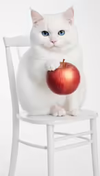 cat sitting on a chair holding up an apple