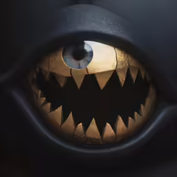 a close up of an eye with large teeth