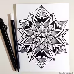 a white paper with black ink on it,a pen and some paper that has been drawn,an artistically decorated card next to pen and ink,an art work with pen and ink on paper,an art print with black pen and marker on top of it