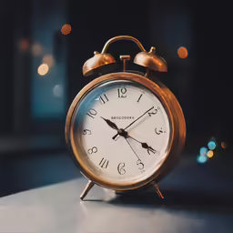 a gold clock on a table displaying the time