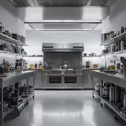 large industrial kitchen with stainless steel cabinets and open shelves