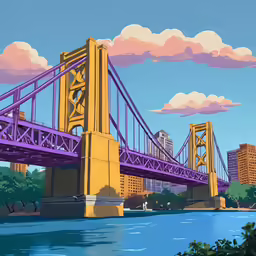 a painting of a yellow and purple bridge