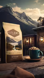 a mug is sitting beside a bag of coffee and the bag of beans sits on a table