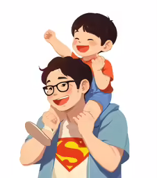 a father and son with a superman symbol on the shirt