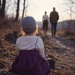 a little girl looking down the road, while someone walks by