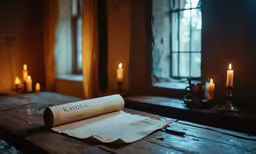 some lit candles and papers on a table