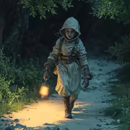 a person walking down a path holding a lantern