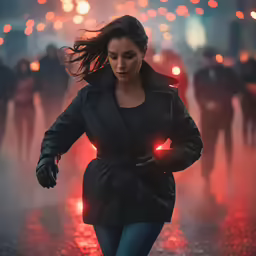 a woman wearing a coat with her hands on the waist