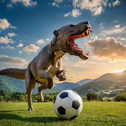 a dog with his mouth open kicking at a soccer ball