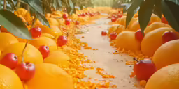 the rows of oranges have red and yellow spots