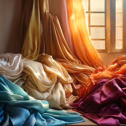 a curtain with various colors draped on it,a room with a big amount of blankets lined up in front of a window