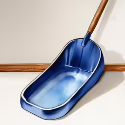 the dust pan on the floor is blue