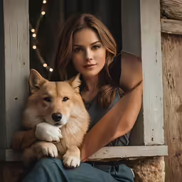 a woman holding her dog is sitting next to an old wood structure