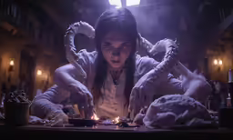 a girl sitting in front of candles holding the handle of a lighter