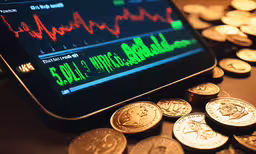 an electronic screen displaying bitcoin and price,a cellphone and some coin is laying on the table