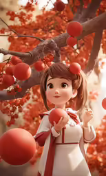 a painting of a girl in red with cherrys around her