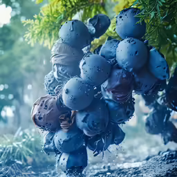 a bunch of blue and grey balloons hanging from a tree