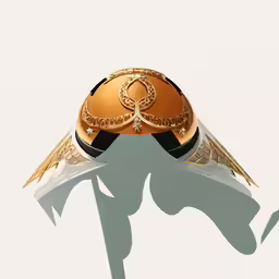 an artistic illustration of a golden helmet with angel wings