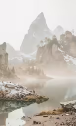 fog and snow covering mountains above a small lake