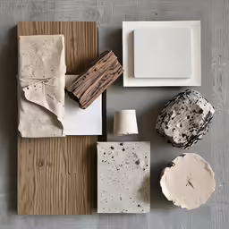 pieces of stone and wood are arranged neatly