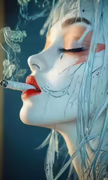 the lady smoking a cigarette with feathers on her face