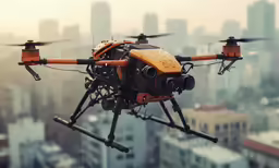 a large orange and black bird flying over a city