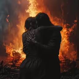 two people in silhouette standing in front of fire