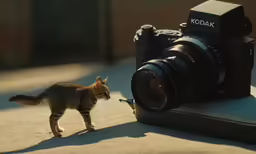 a kitten is standing on a street next to a camera