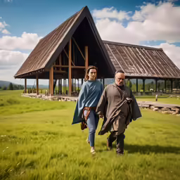 a man and woman walking away from a cabin in the middle of nowhere
