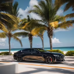 a car parked along a beach side in front of a bunch of palm trees