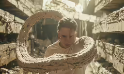 a man holds a large snake shaped object in his hands