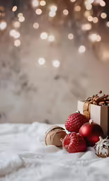 ornaments are scattered around a white bed with festive lights