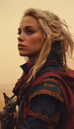 a woman in renaissance style clothing standing with a gun