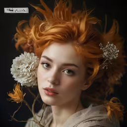 a woman with bright red hair and flowers