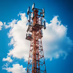 two masts with some white fluffy clouds in the back