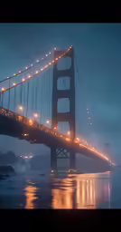 the golden gate bridge lit up on a very foggy day