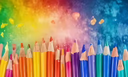 multicolored pencils lined up in rainbow hues