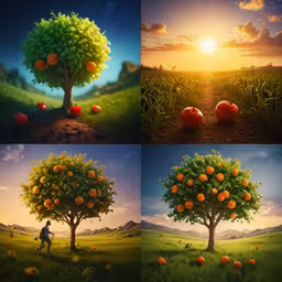 three images of oranges in trees and people walking,three different paintings each containing an orange tree