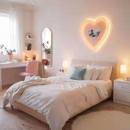 a bed room with a neatly made bed and two night stands