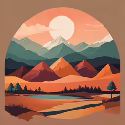 an illustration of the mountains with a sunset in the background,an illustration of mountains with a lake at sunset
