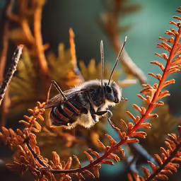 a close up of a bee on some flowers